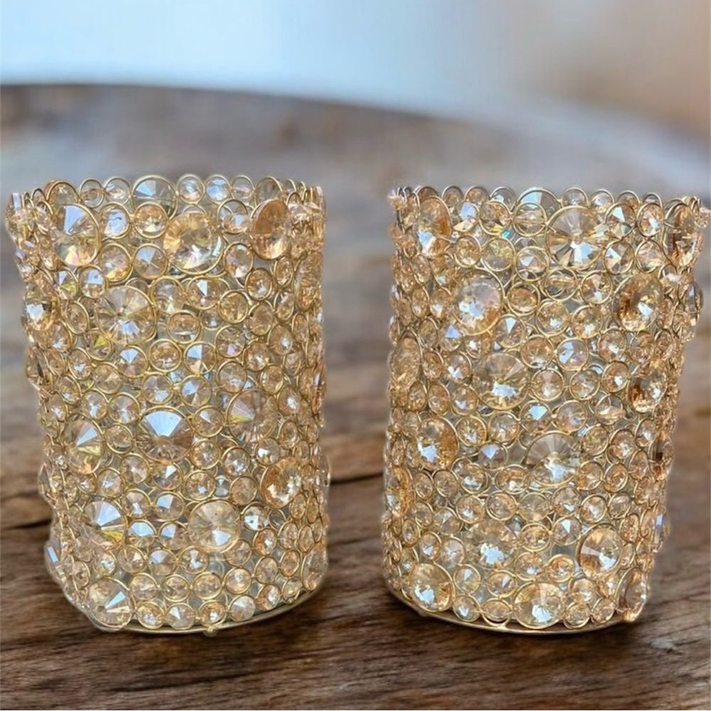 Homegoods Two Gold Crystal Metal Candleholders/Vases Centerpieces Table Decor EU